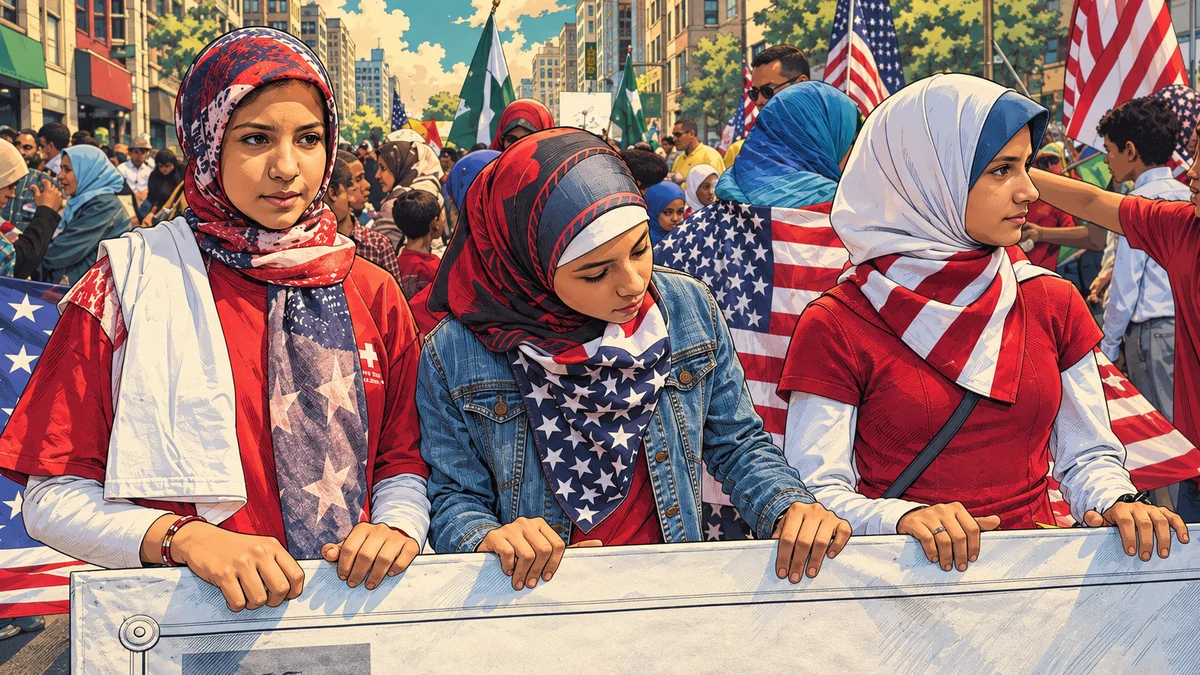 Comic-style illustration of three Muslim girls at a street parade with American flags.