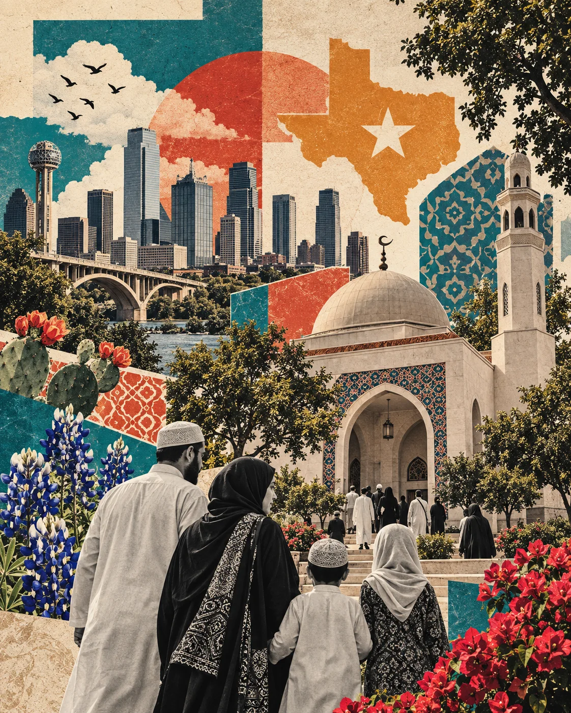 Collage of a Texas Muslim family approaching a mosque with the Texas skyline and state silhouette.