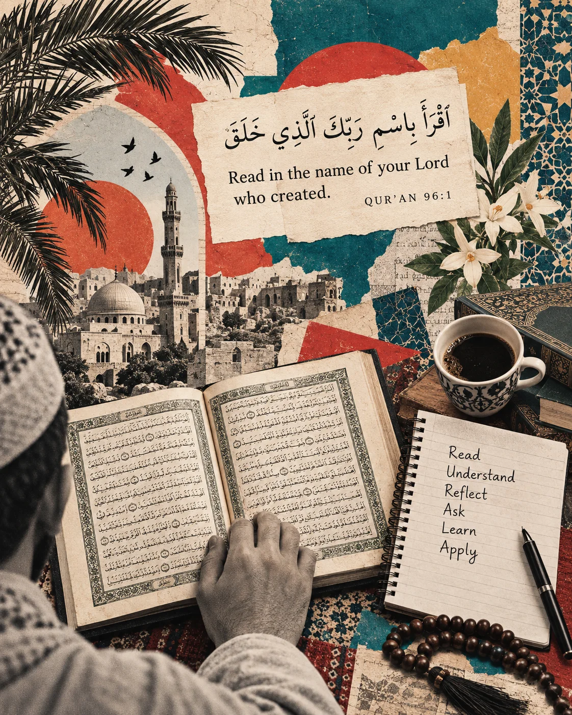 Collage of Qur’an study with a verse, open pages, notebook, and coffee.