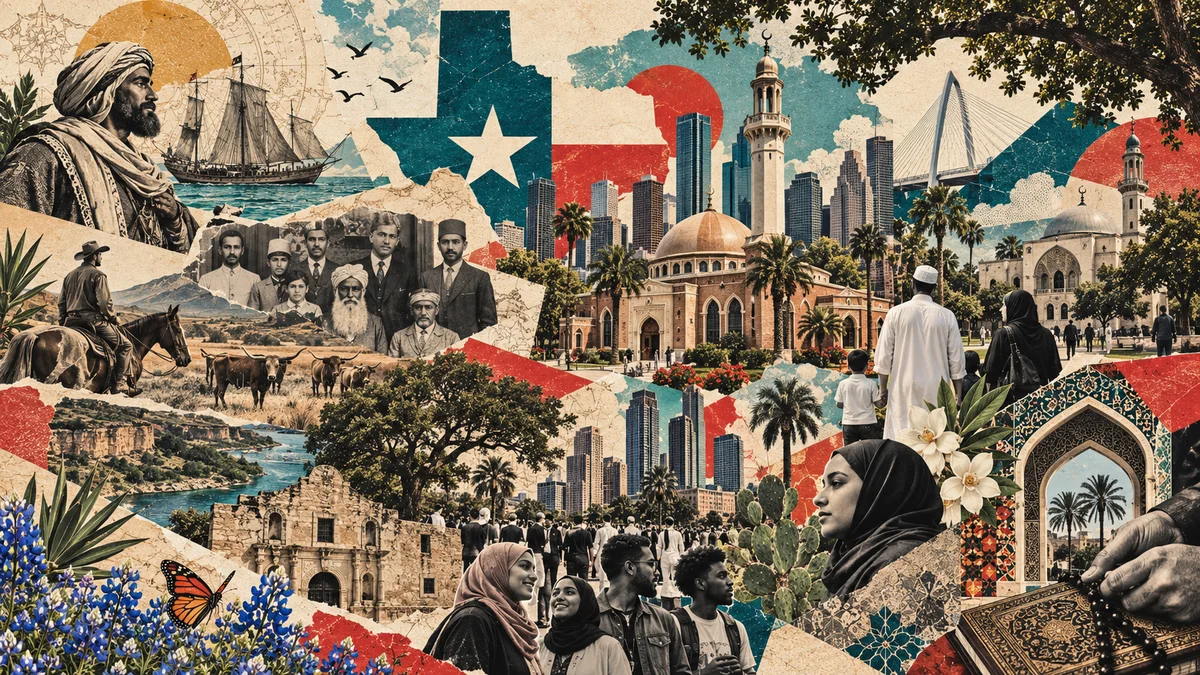 Maximalist collage tracing Texas Muslim history from early arrivals to contemporary community life.