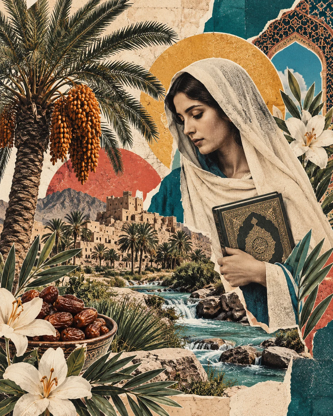 Collage of Maryam with date palms, water, and oasis imagery.