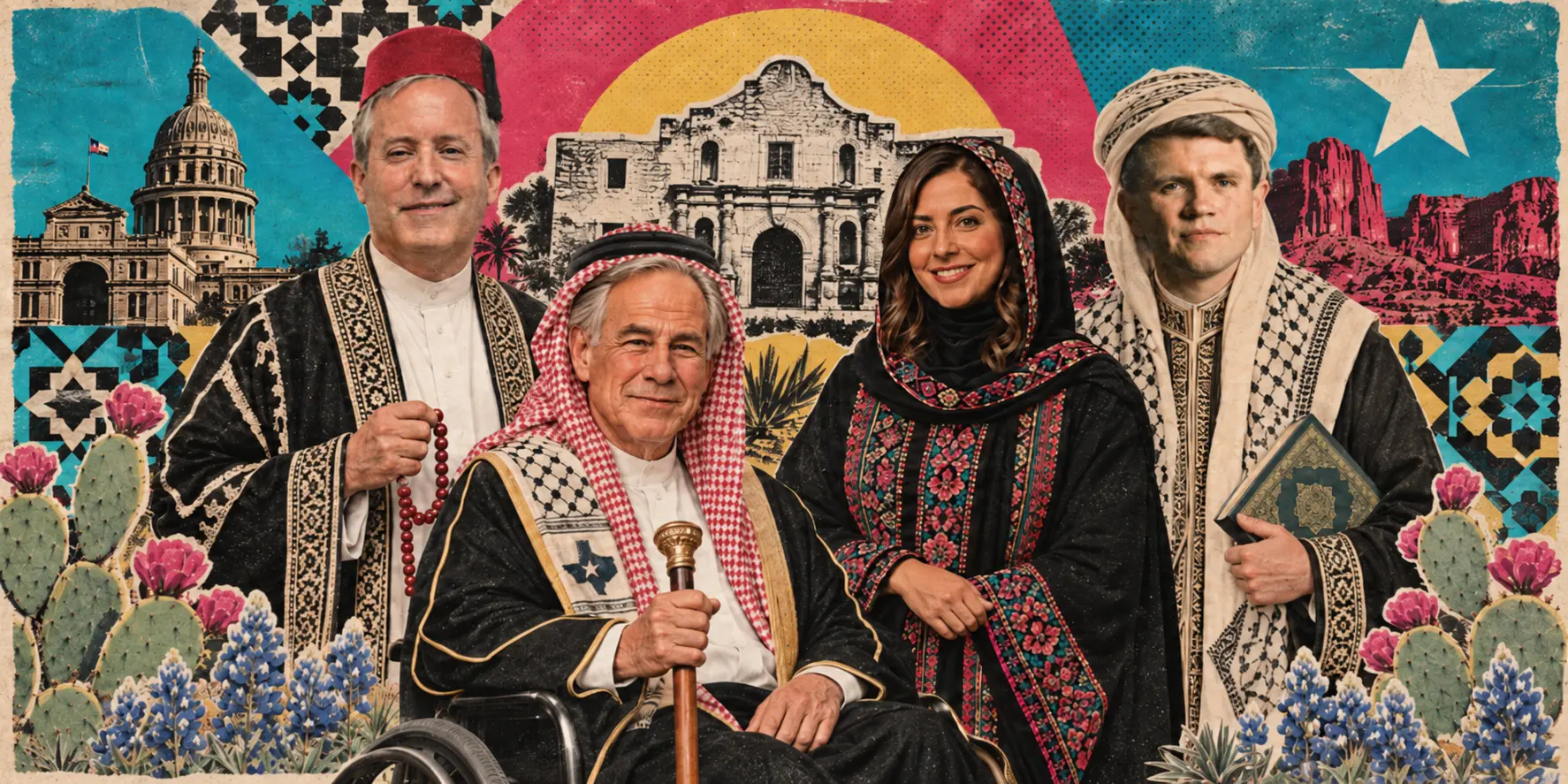 2026 Texas Muslim Voter Guide collage featuring Texas landmarks and statewide candidates