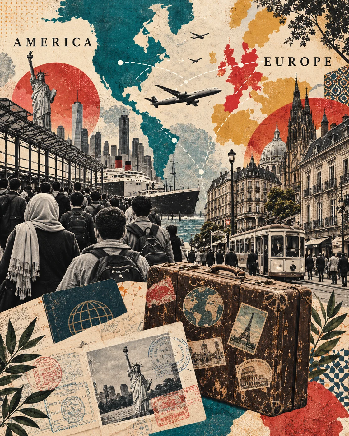 Vintage collage comparing Muslim migration histories in America and Europe.