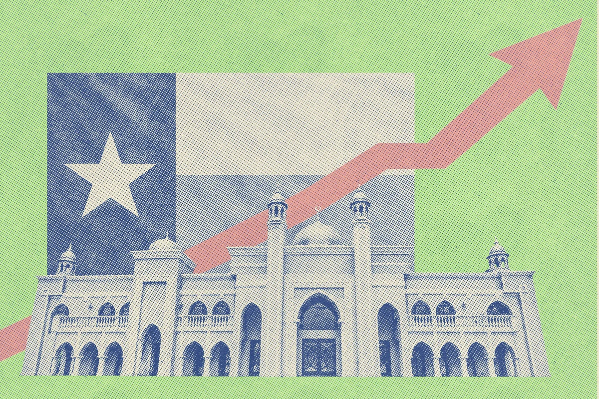 Halftone illustration of a Texas mosque and state flag with a rising coral arrow on a pale green background.