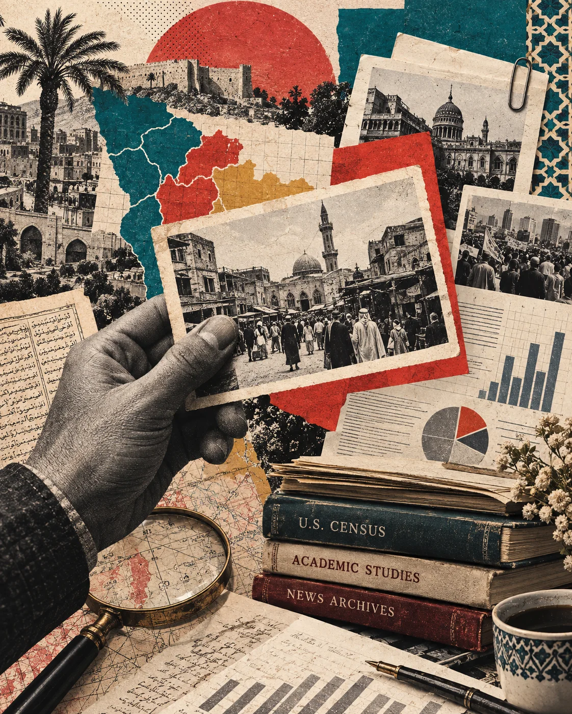 Collage of archival photographs, books, charts, and research materials.