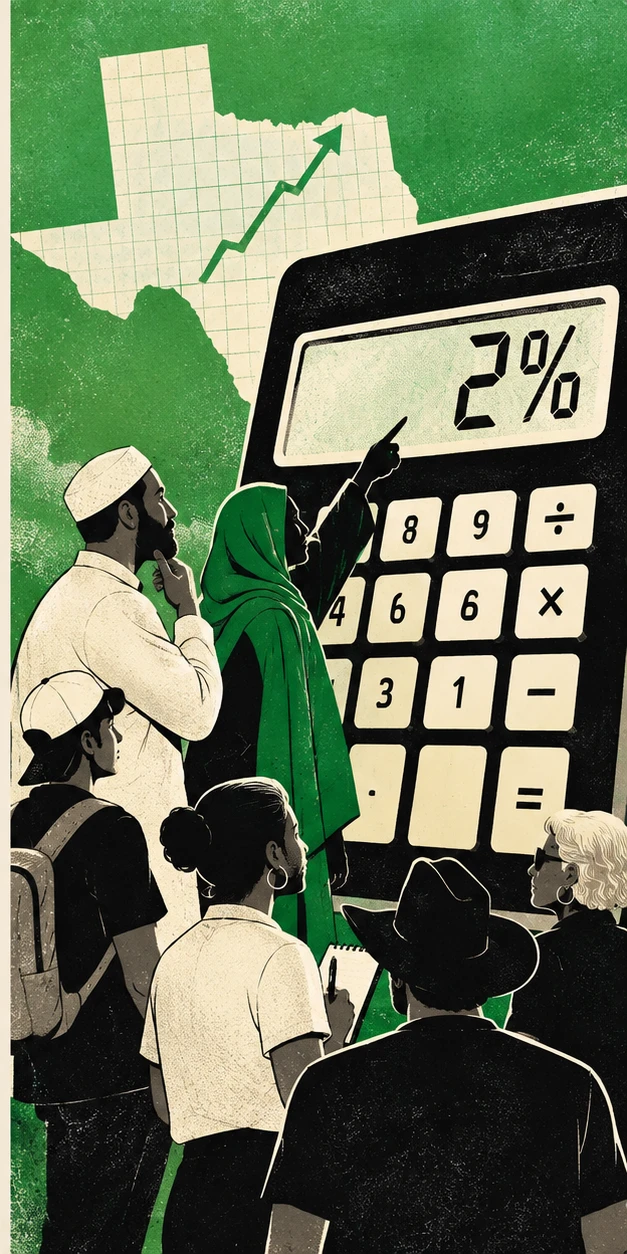 Green editorial illustration of Texans examining a giant calculator displaying 2%, with a Texas-shaped graph behind them.