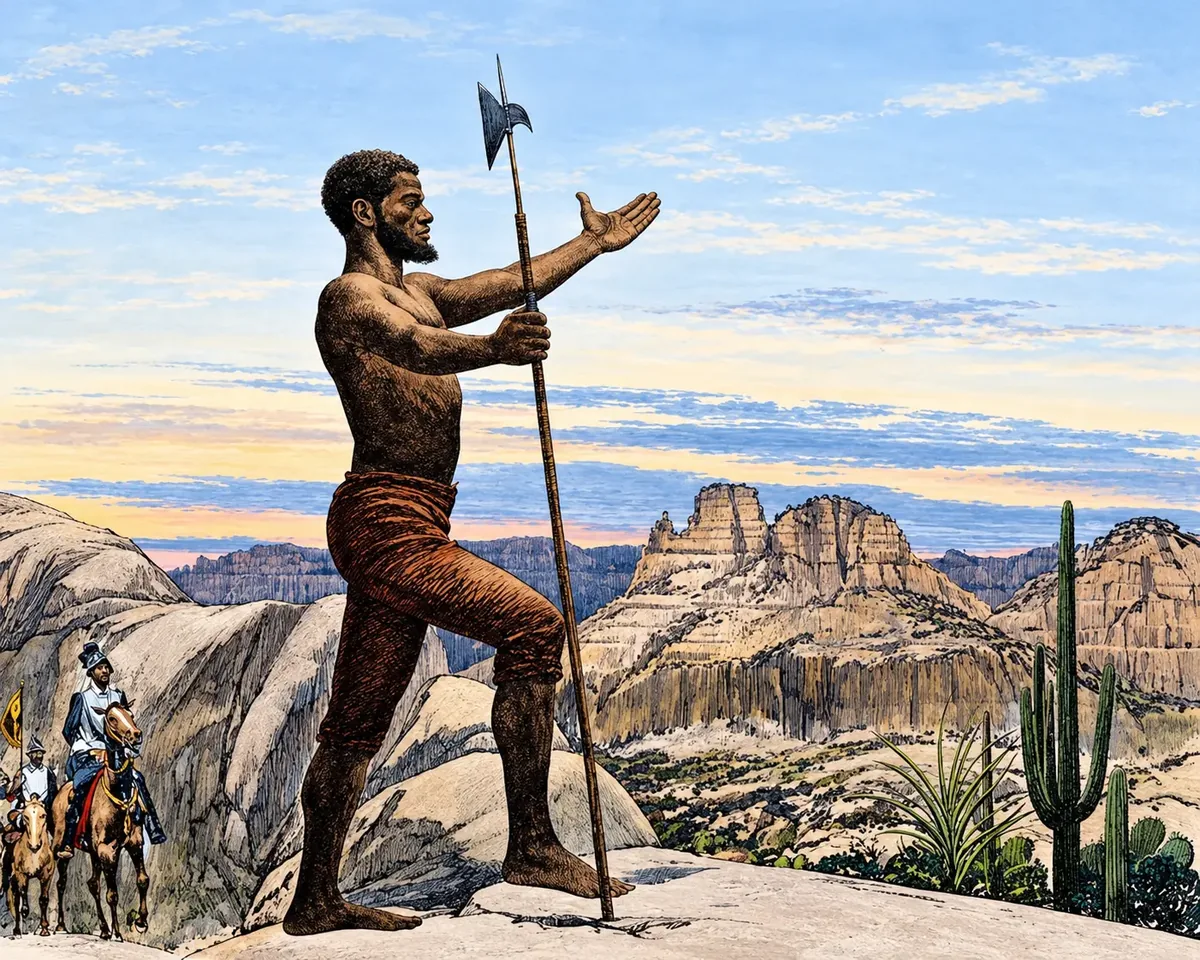 Editorial illustration of a bare-chested African man holding a halberd and gesturing forward, leading helmeted Spanish riders through desert canyon country with mesas and saguaro cacti.