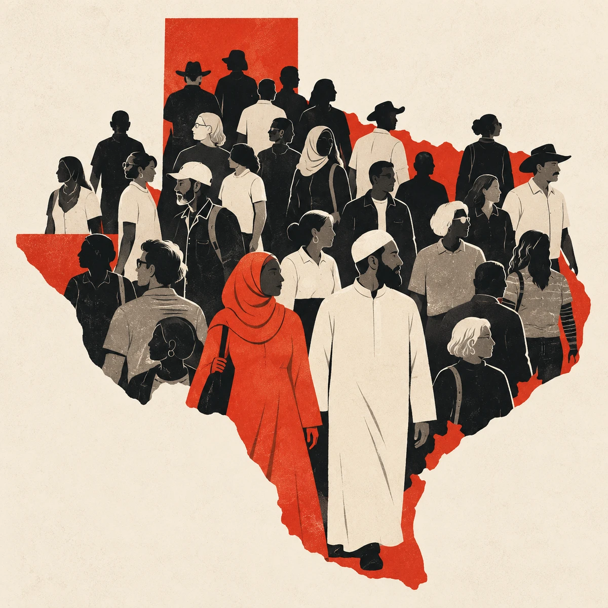 Editorial illustration of Muslim Texans and their neighbors gathered within a red outline of Texas.