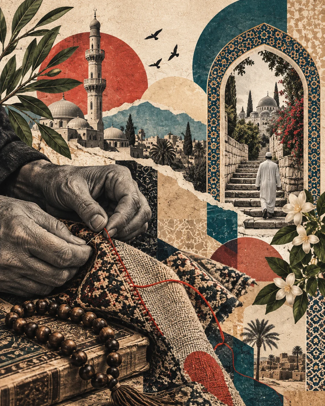 Collage of hands mending cloth with prayer beads and a spiritual pathway beyond.