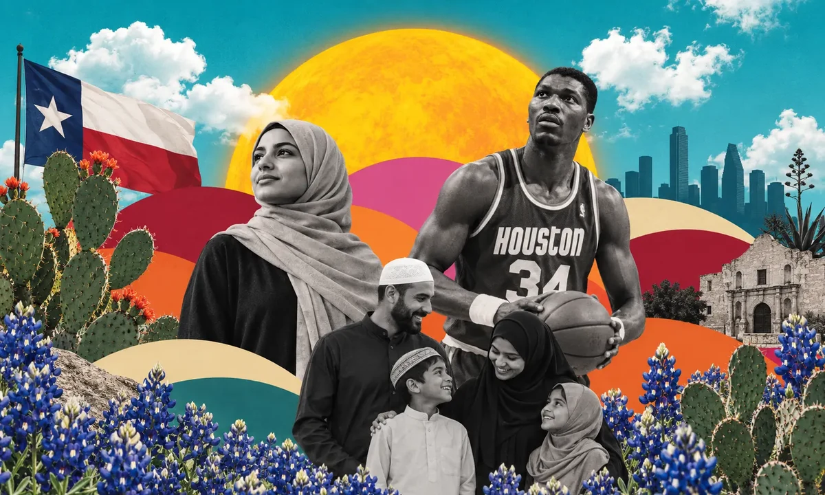 Collage of Muslim Texans with the Texas flag, Houston skyline, the Alamo, bluebonnets, prickly pear and a Houston basketball player.