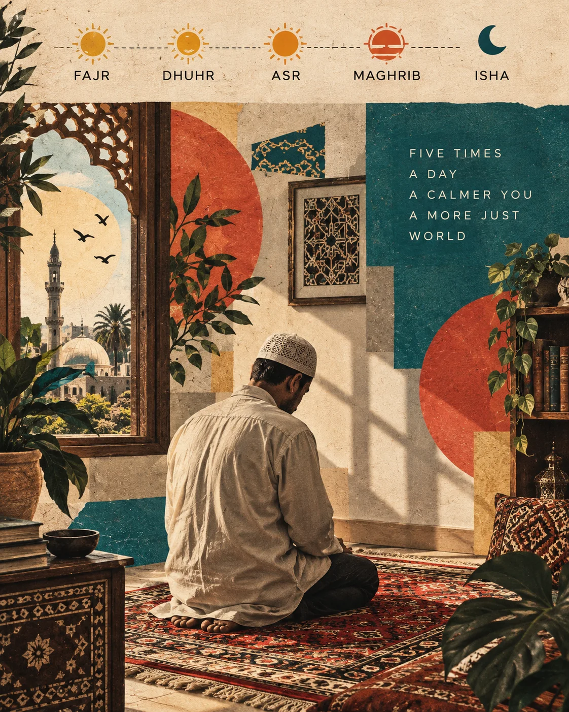 Collage of a Muslim man at prayer with the five daily prayer times above.