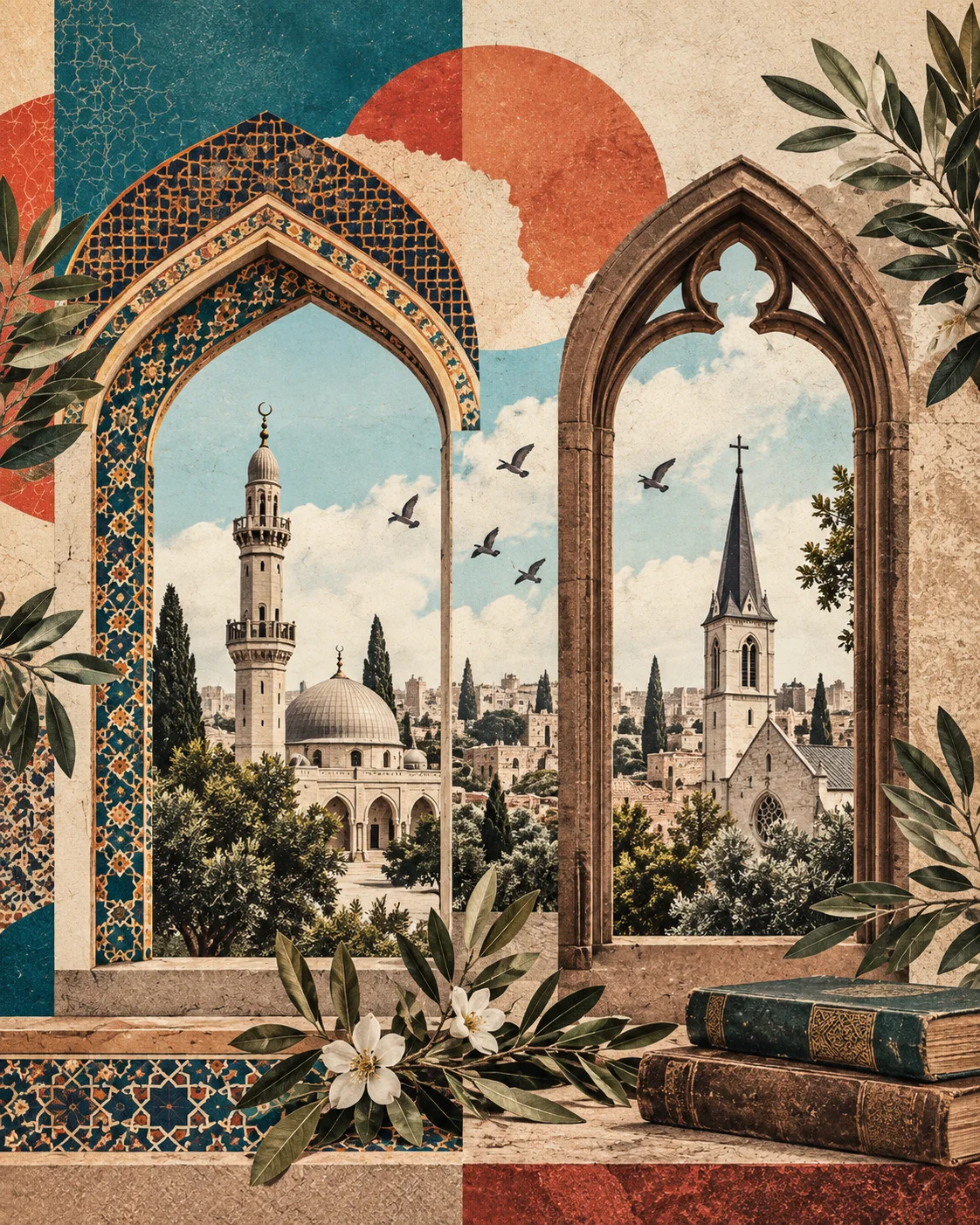 Interfaith collage showing a mosque and church framed by neighboring architectural windows.