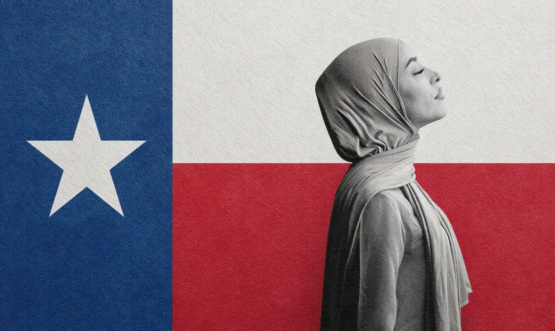 Black-and-white profile of a woman wearing a hijab in front of a textured Texas flag.