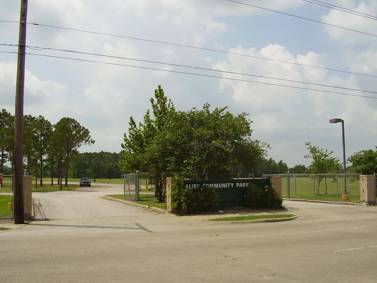 Entrance sign and gateway at Alief Community Park in Houston.