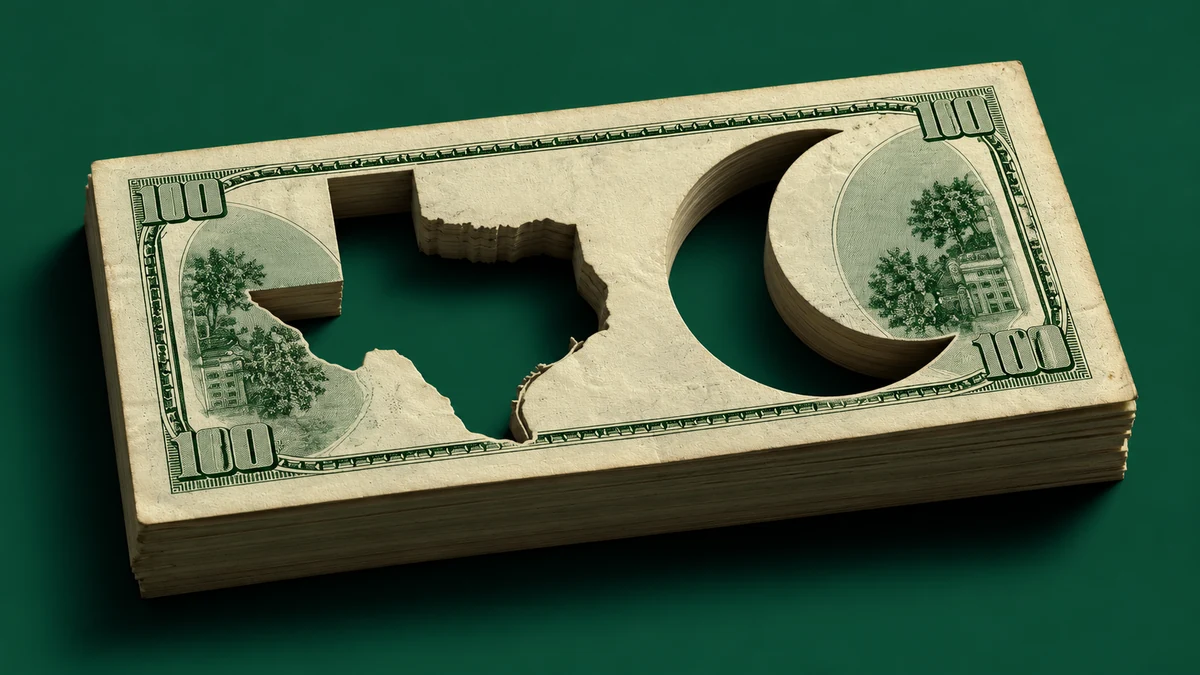 A stack of hundred-dollar bills with Texas-shaped and crescent-shaped cutouts on a dark green background.